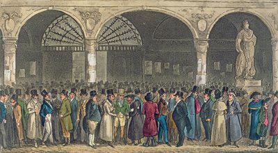 トムとジェリーが証券取引所を訪問、ピアースイーガン作「ロンドンの生活」（1821年）（アクアチント色） 作： Isaac Robert Cruikshank